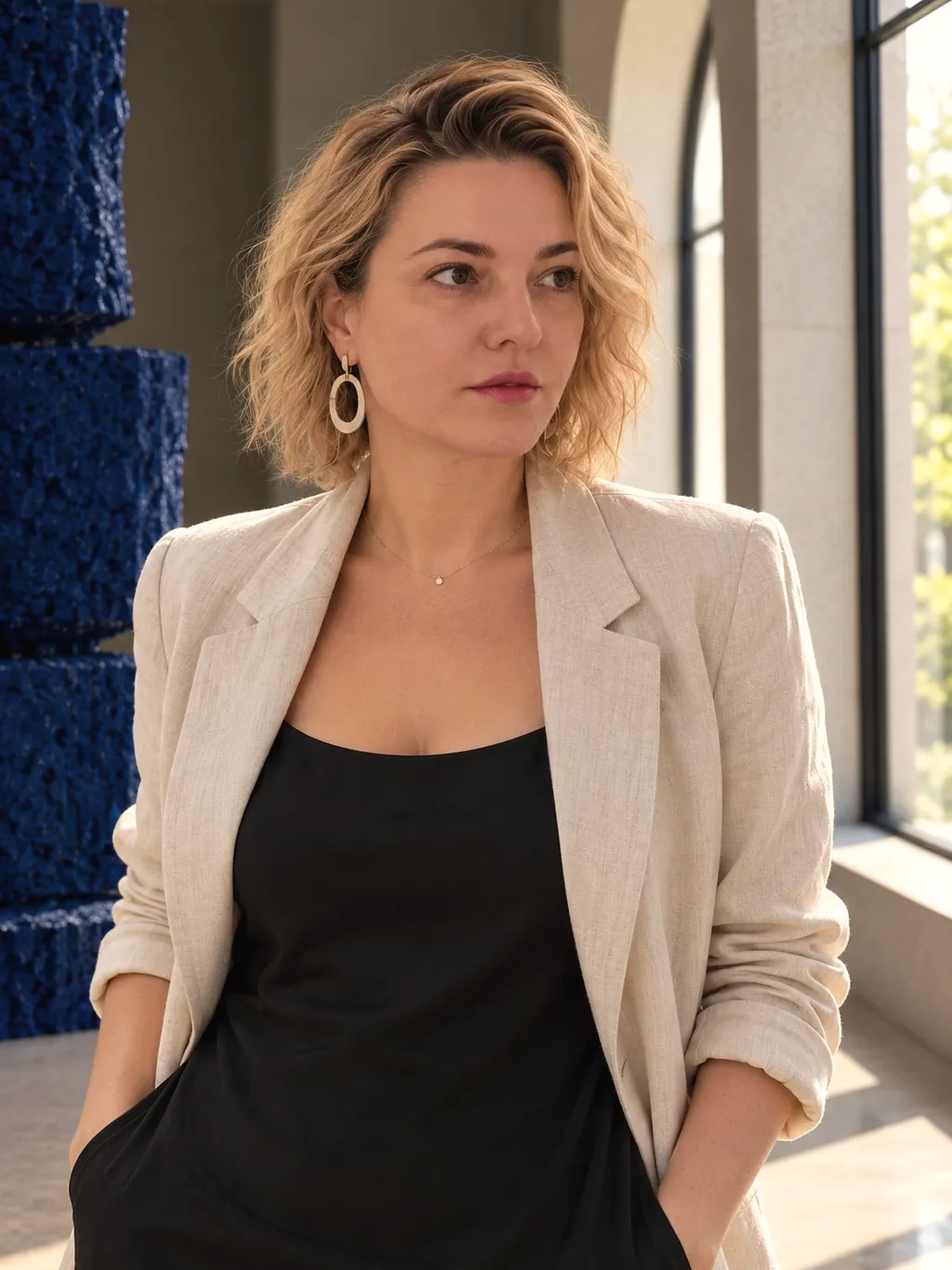 Elena Vysotskaia, founder of Astra, in a linen jacket beside a blue sculpture in a sunlit gallery