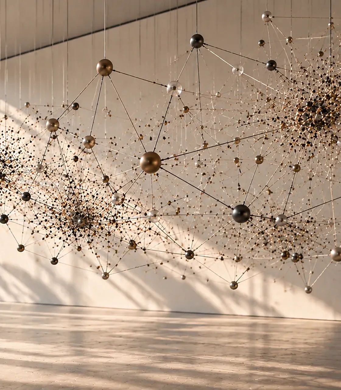 A suspended sculpture of bronze and dark spheres linked by fine wires, lit by low sun in a gallery
