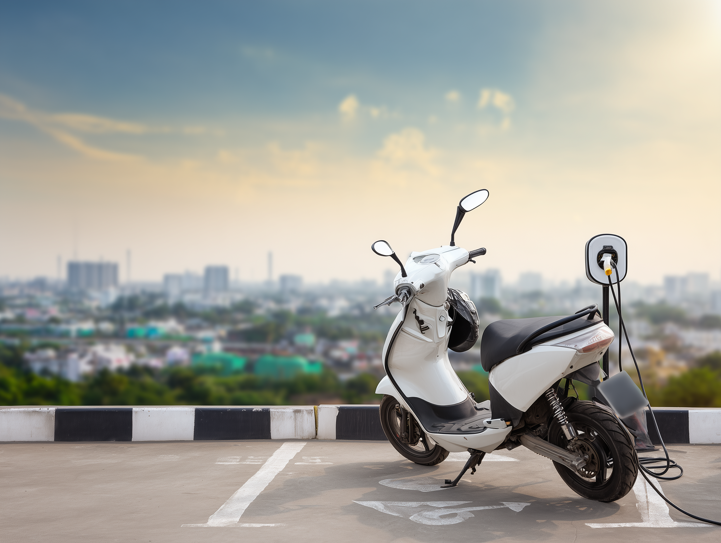 Electric scooter charging against a city skyline