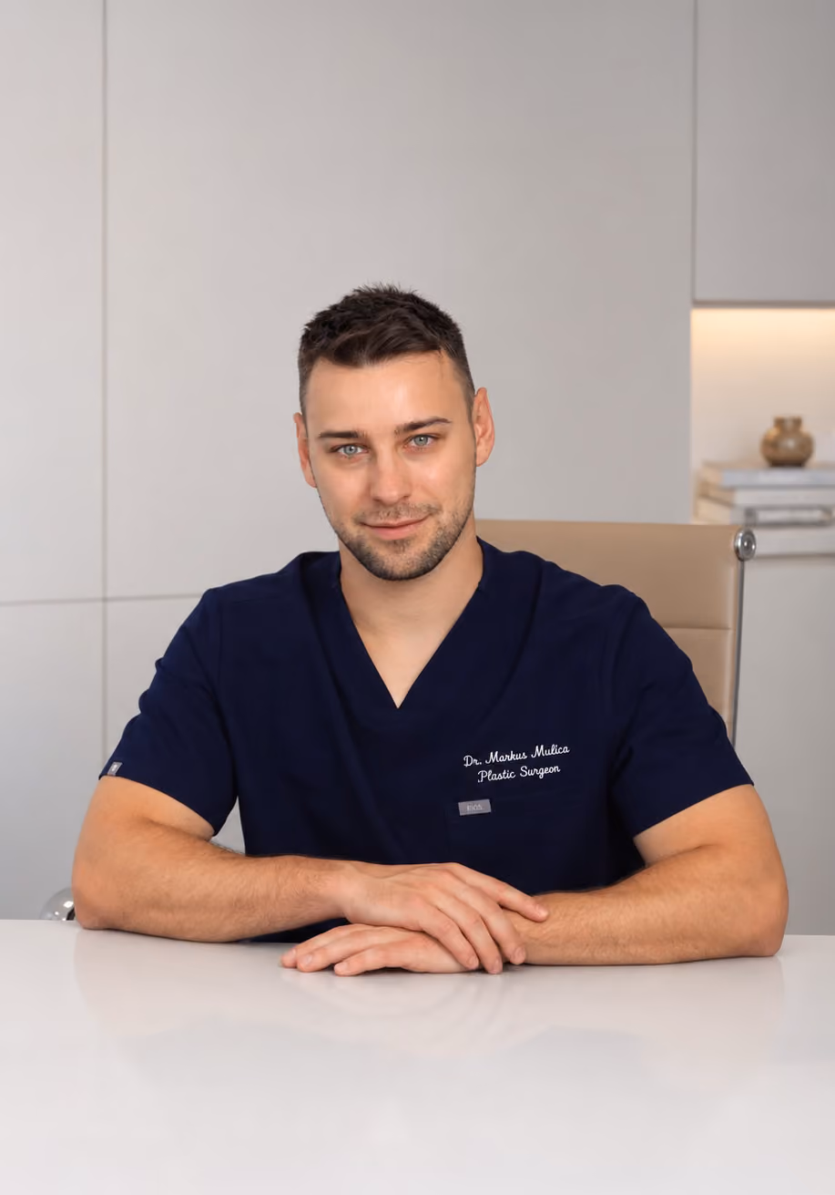 Dr. med. Markus Mulica am Schreibtisch in seiner Facharztpraxis für Plastische Chirurgie in Frankfurt
