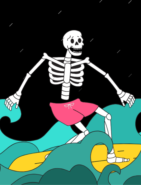 Cartoon skeleton wearing pink shorts surfing on teal ocean waves with a yellow surfboard against a black background.