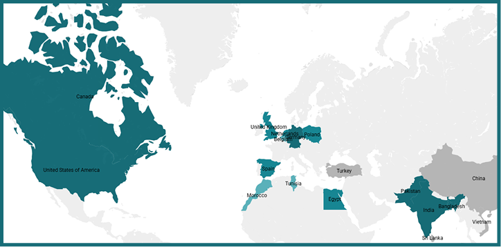 World map highlighting the countries Canada, United States of America, United Kingdom, Netherlands, Belgium, Germany, Poland, Spain, Morocco, Tunisia, Egypt, Turkey, Pakistan, India, Bangladesh, Sri Lanka in teal while other countries are in gray.
