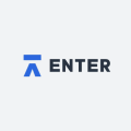 Blue stylized arrow pointing down above the word ENTER in bold black text on a light gray background.