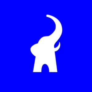 White elephant icon with raised trunk on solid blue background.