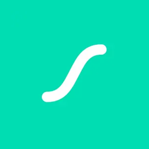 White curved line shaped like a tilted lowercase 's' on a teal green square background.