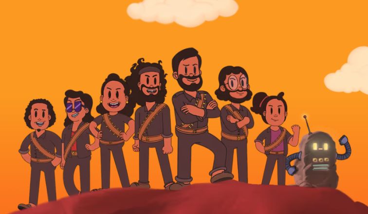Cartoon illustration of seven diverse characters with various hairstyles and outfits standing confidently on a hill with an orange sky and clouds in the background, accompanied by a small glowing-eyed robot on the right.
