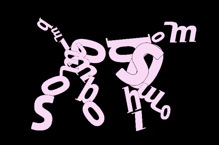A three-dimensional arrangement of pink letters scattered and rotated on a black background, appearing as abstract shapes without forming readable words.