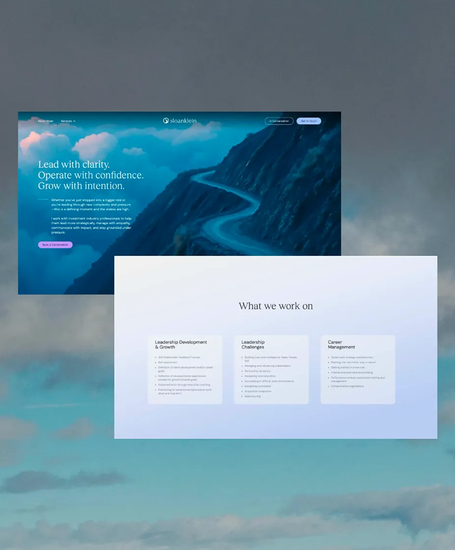 Two overlapping website sections: one with a mountain road and confident leadership text, one listing work focus areas.