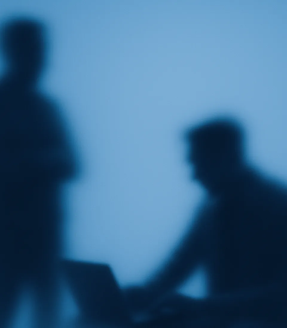 Blurred silhouettes of two people, one standing and one seated working on a laptop.