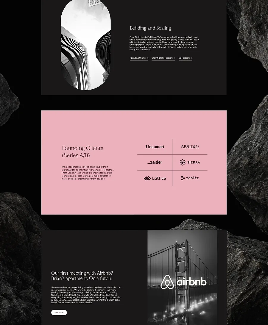 Website sections with black and pink backgrounds showing company info, client logos, and a night bridge photo.