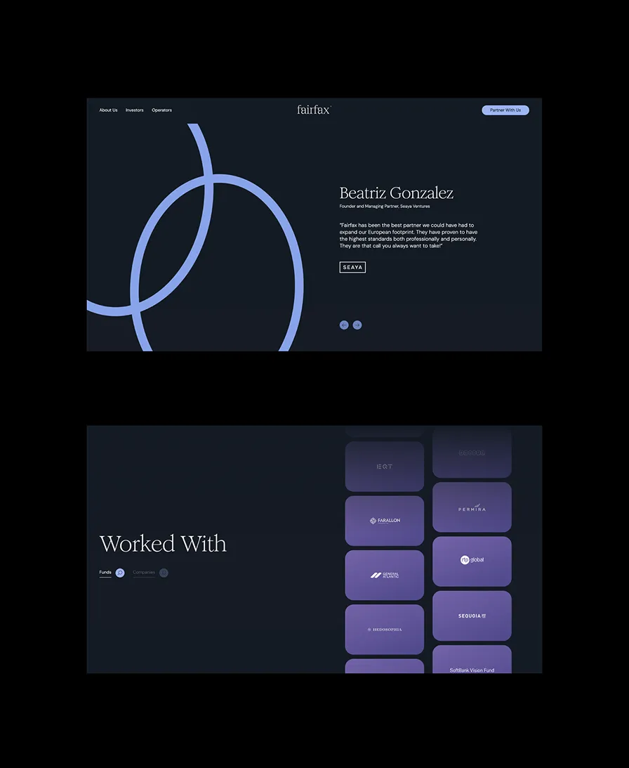 Website screenshot featuring a testimonial by Beatriz Gonzalez and a section titled Worked With showing fund logos.