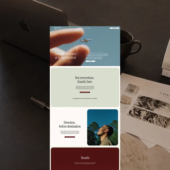 Website homepage with travel strategy text, airplane photo, landscape portrait, and results section.
