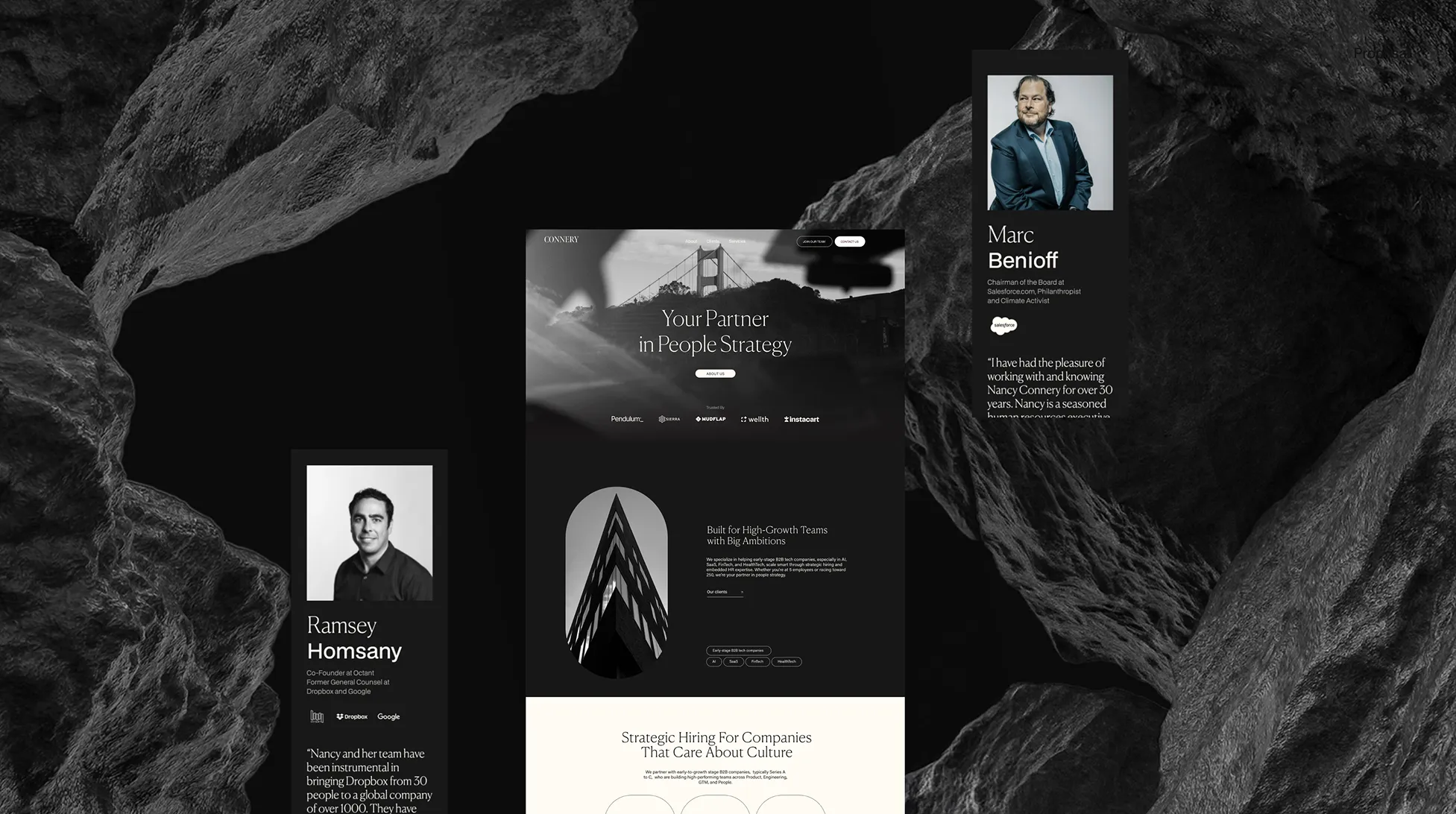 Website homepage with people strategy text, two testimonials with portraits of Ramsey Homsany and Marc Benioff.