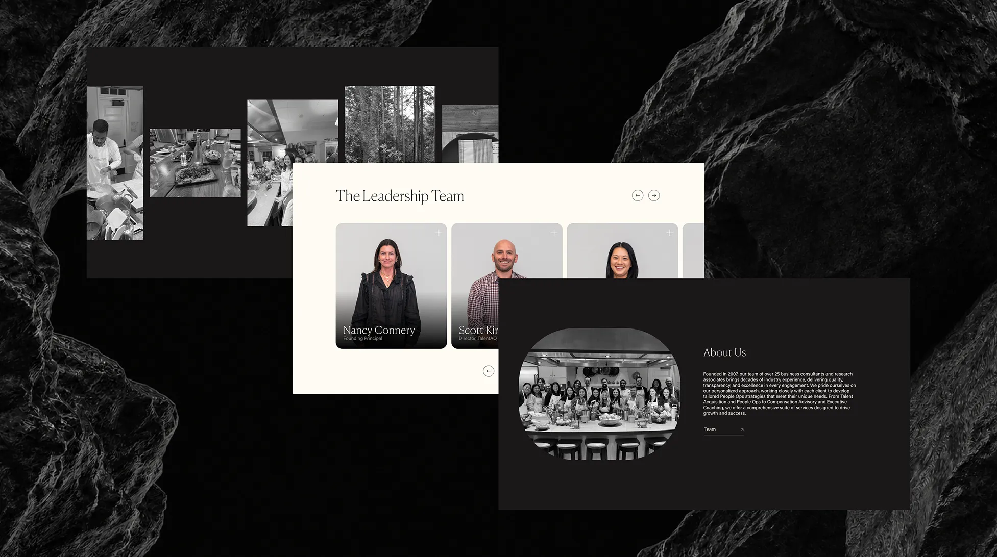 Collage of three website sections: leadership team photos, group photo, and lifestyle images.