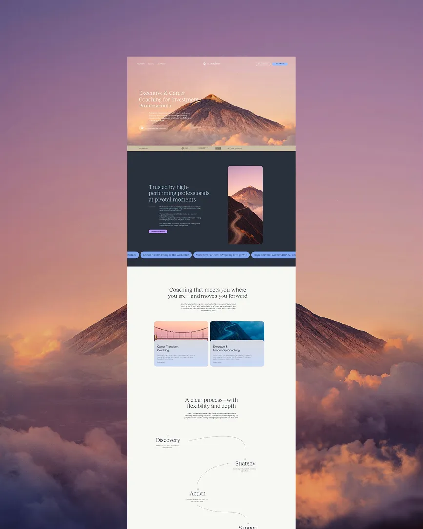 Website homepage with mountain image, coaching services, process steps, and scenic background at sunset.