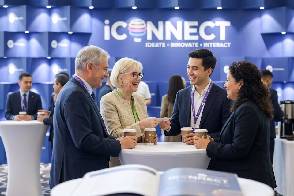 Business professionals networking over coffee at an iCONNECT corporate event, gathered around a high-top table with branded event signage in the background.