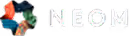 NEOM logo in white text on a gradient background of orange, blue, and teal dots forming an abstract pattern.