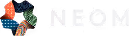 NEOM logo in white text on a gradient background of orange, blue, and teal dots forming an abstract pattern.