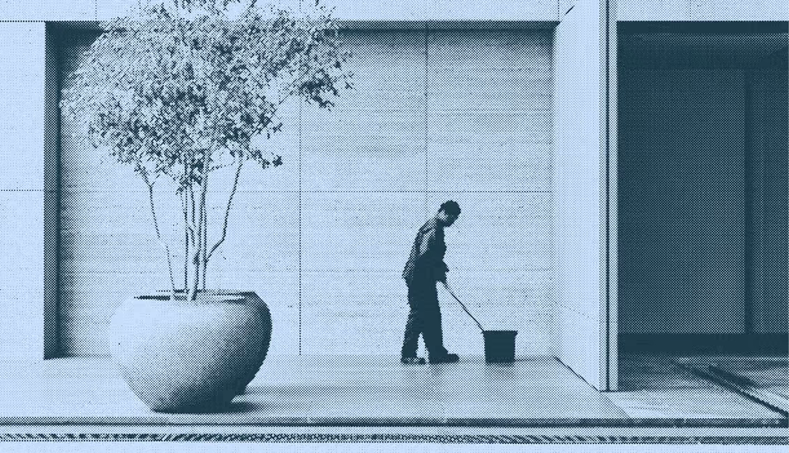 Person mopping floor near white wall with large potted plant on left side.