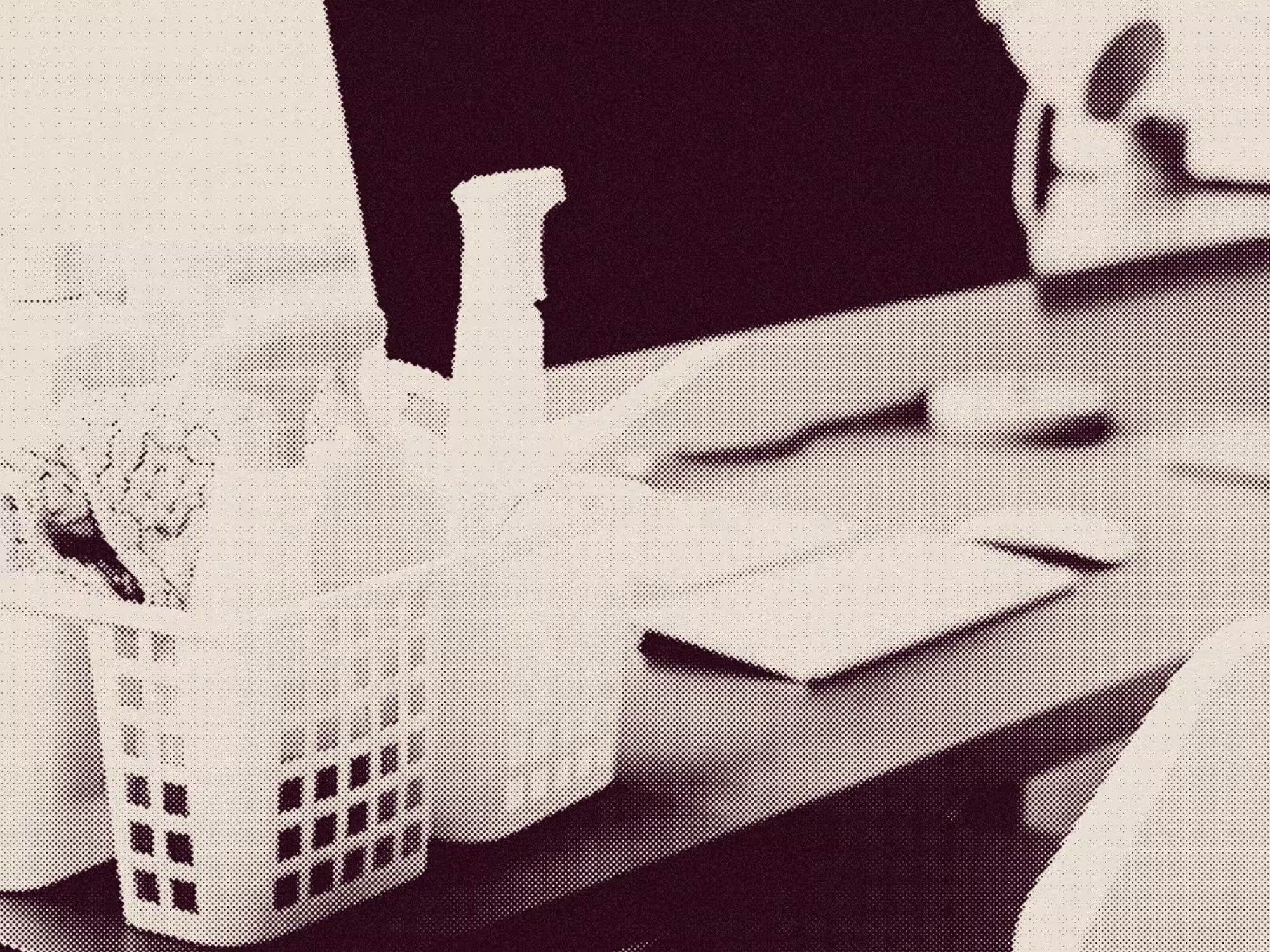 Basket with cleaning brushes and bottles on a desk near a monitor and papers.