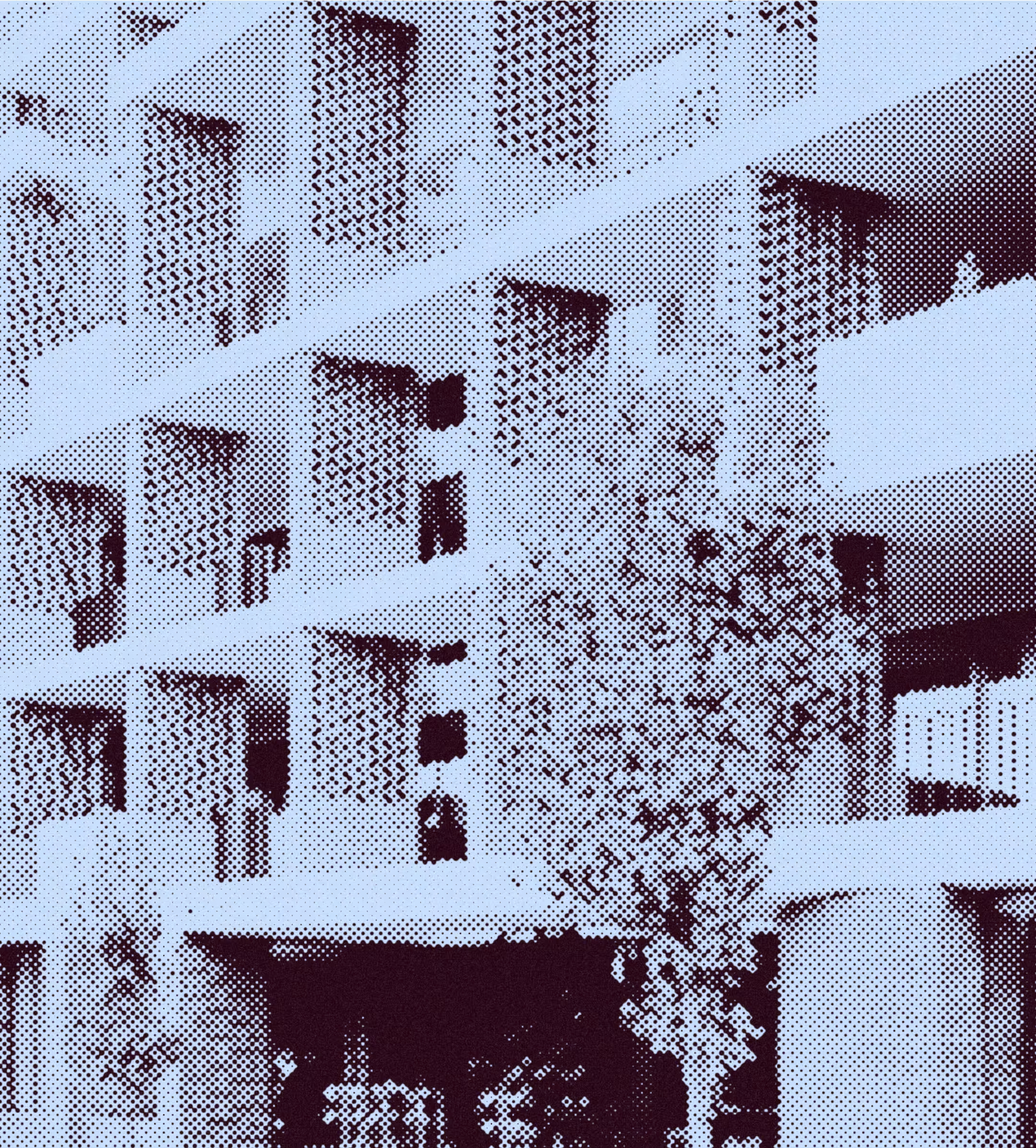 Halftone style image of a multi-story building façade with balconies and trees in front.