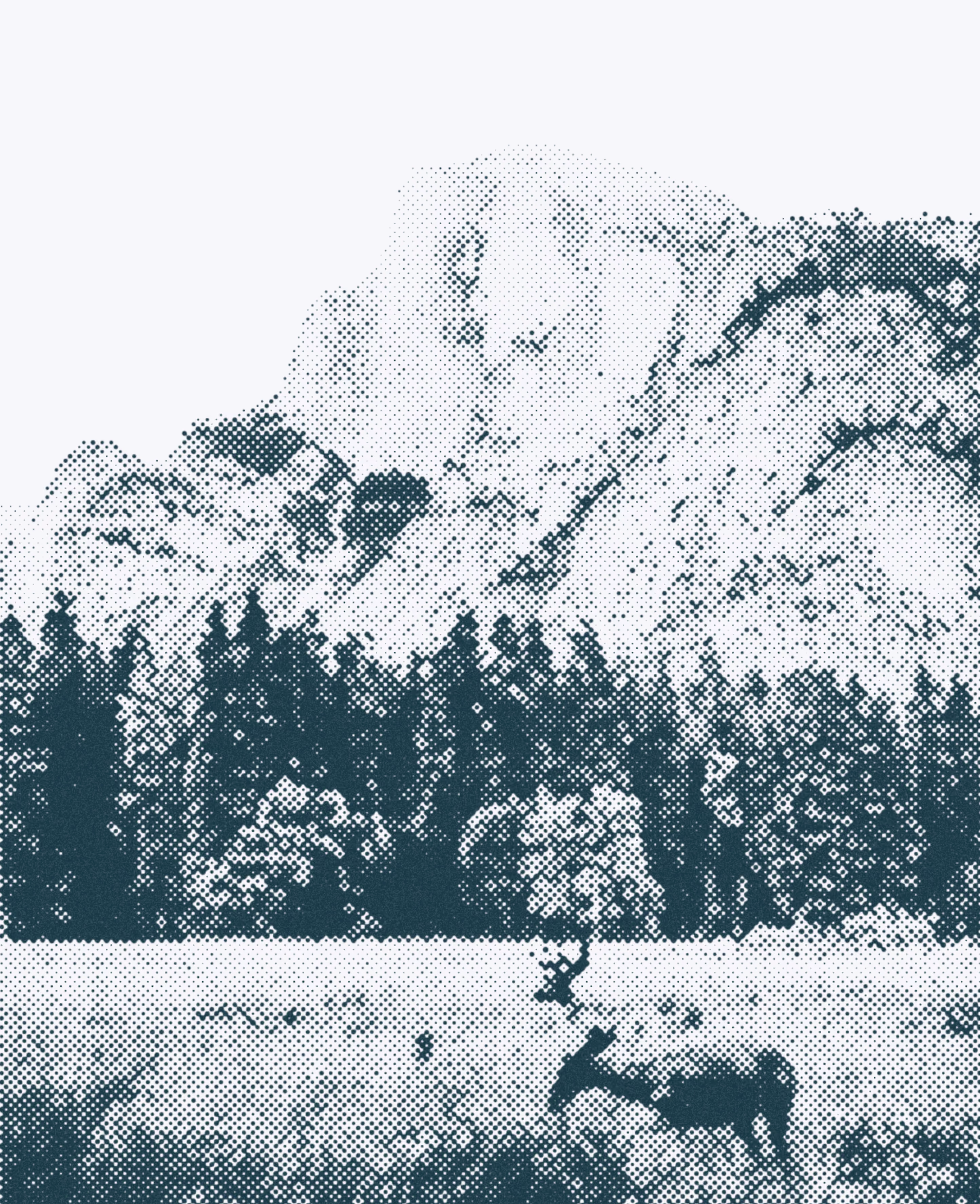 Halftone style image of a moose in front of a forest and mountain scenery.