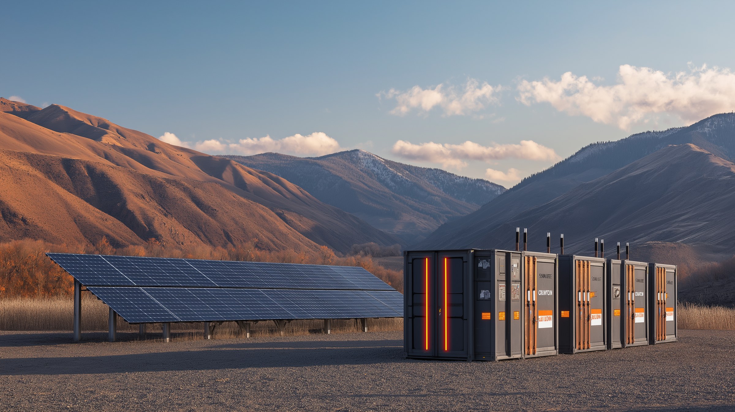 Solar panel array beside a battery storage installation