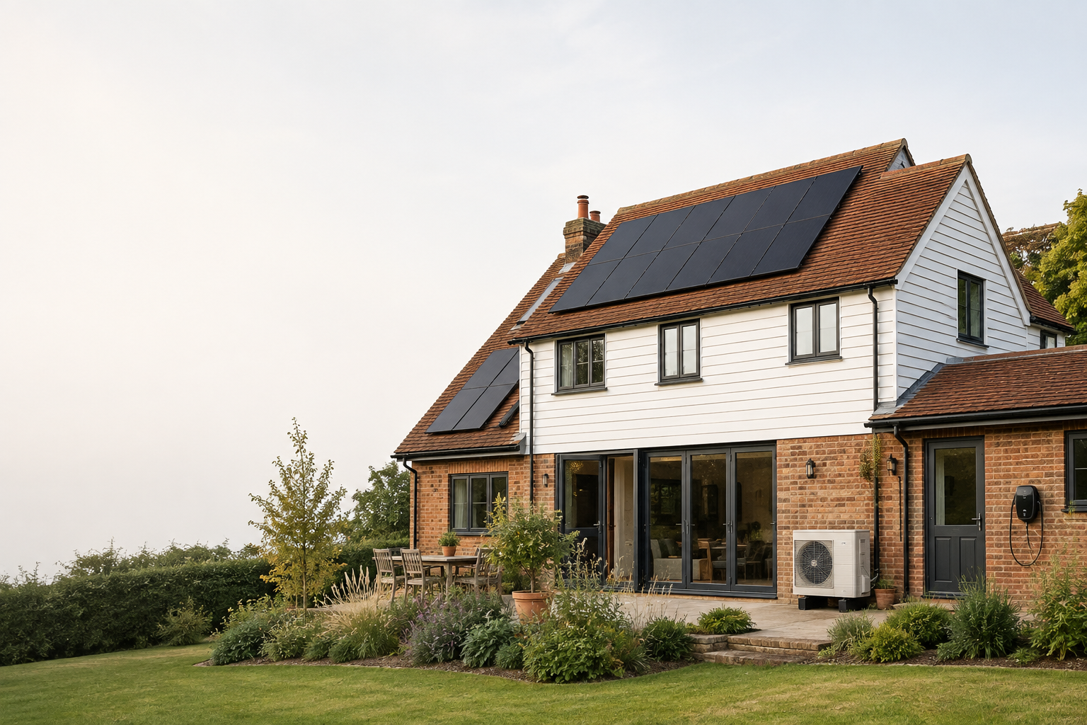 Solar panels installed on a British home with heat pump and EV charging.