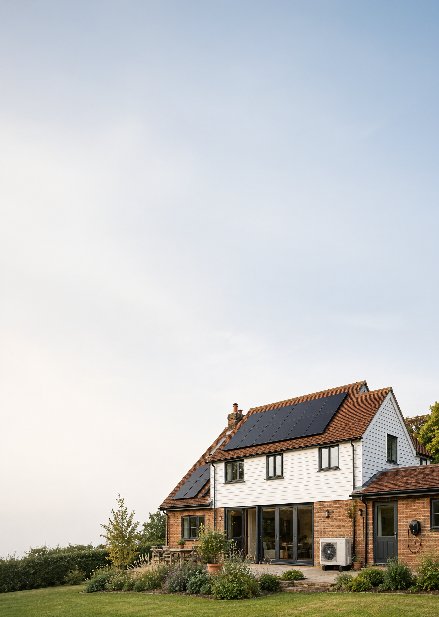 Solar panels installed on a British home with heat pump and EV charging.