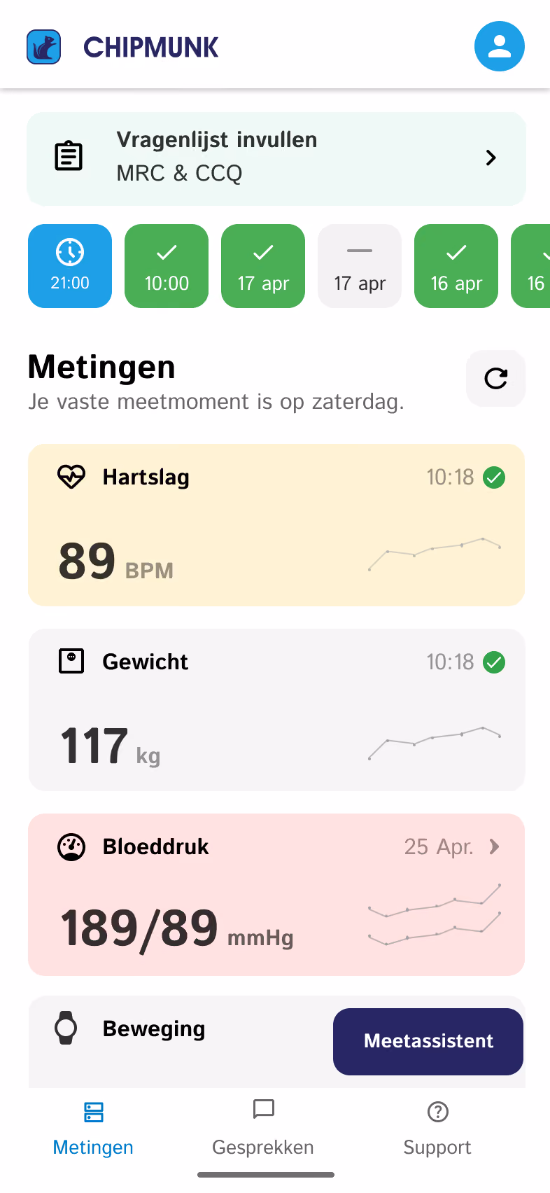 De Chipmunk-app met meetwaardes