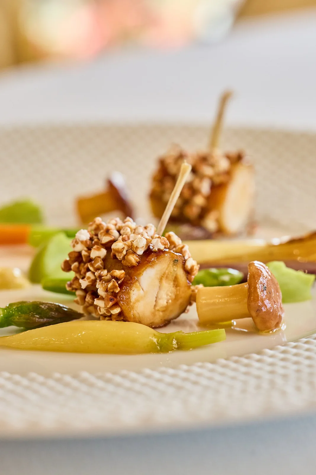 Buckwheat-crusted skewer with spring vegetables, food photography for a fine dining restaurant