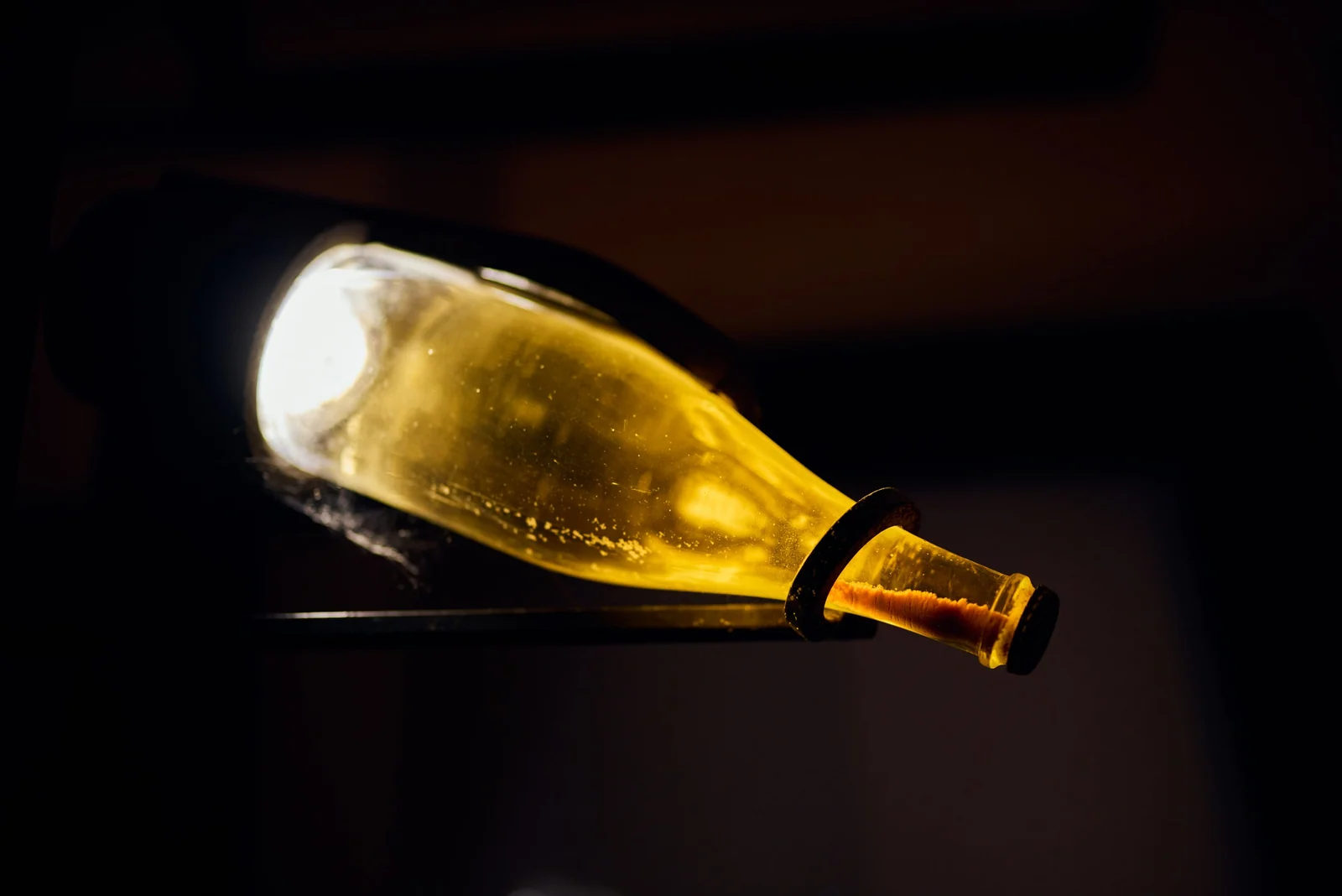 Bottle held against the light before disgorging, brand photography for a winery