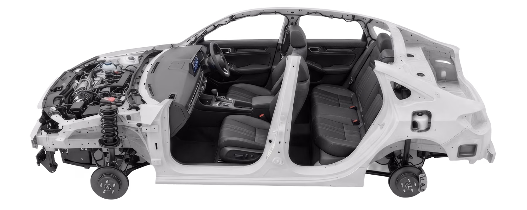 Cutaway of a passenger car body showing structural sheet-metal parts