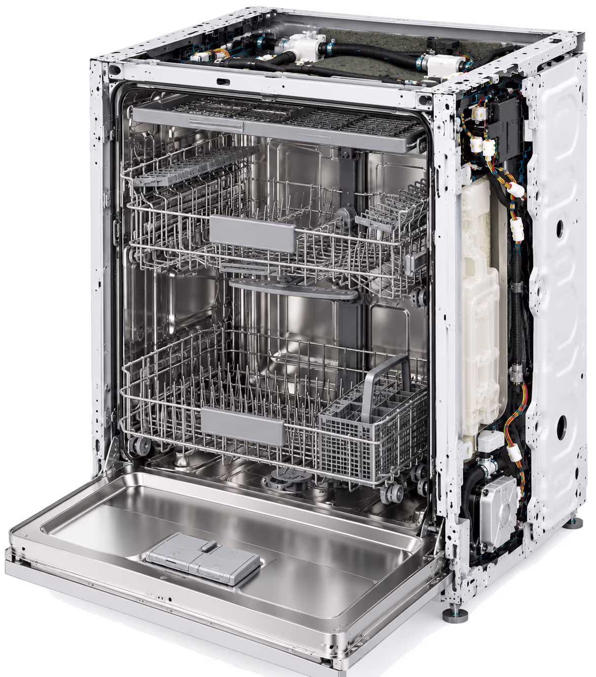 Cutaway view of a dishwasher with its stamped parts highlighted