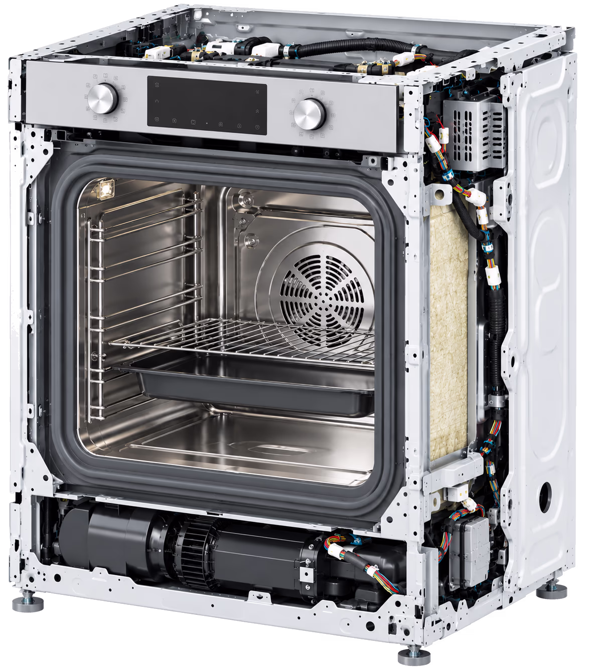 Cutaway view of a built-in oven with its stamped parts highlighted