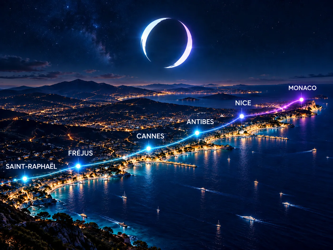 Carte de nuit de la Côte d'Azur reliant Saint-Raphaël, Fréjus, Cannes, Antibes, Nice et Monaco par un tracé lumineux