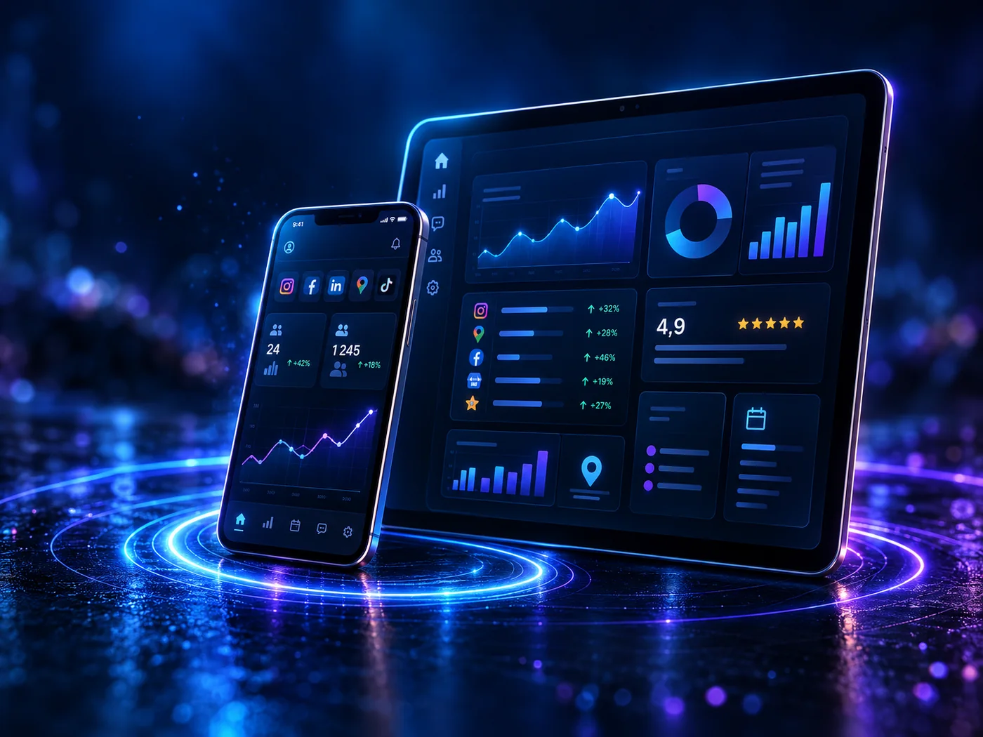 Tableau de bord OMNI'App affiché sur une tablette et un smartphone : statistiques, réseaux sociaux et avis clients