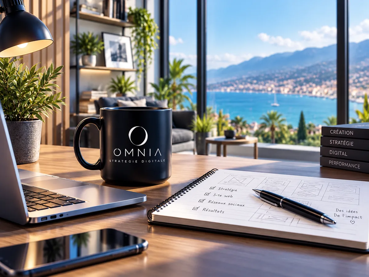 Mug OMNIA et carnet de notes sur un bureau, avec vue sur la mer