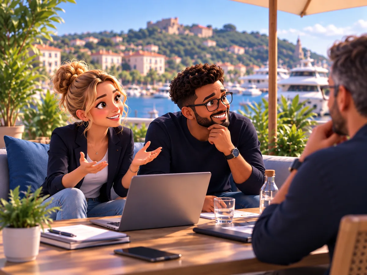Deux conseillers en communication échangeant avec un client en terrasse, vue sur le port et la colline de la Côte d’Azur