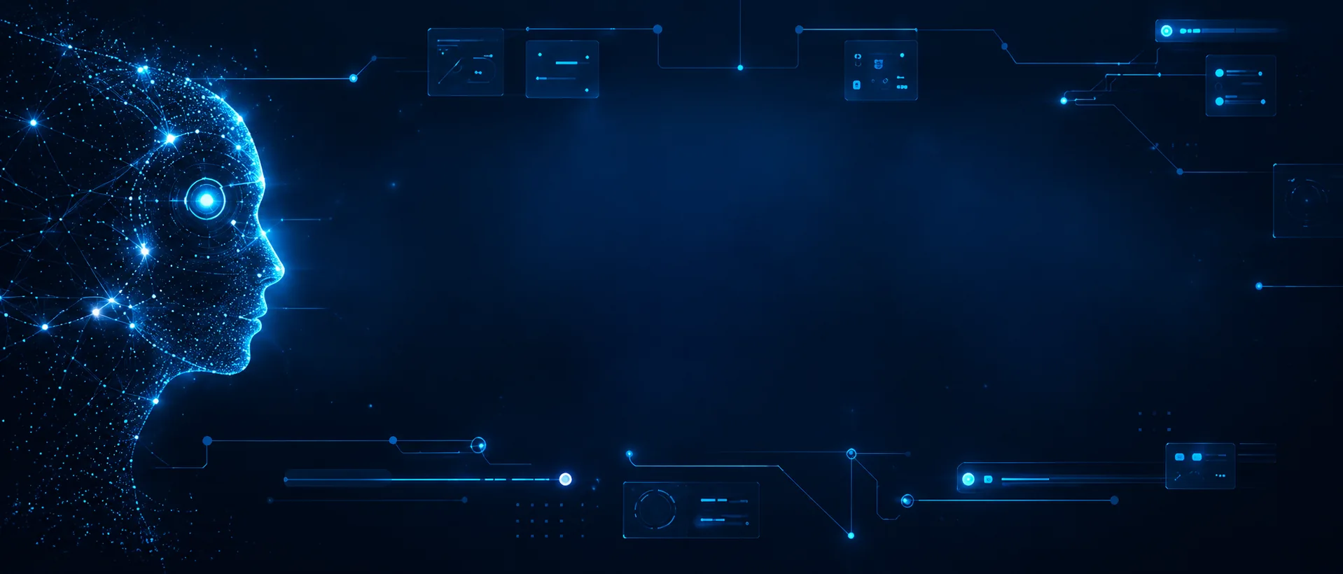 Profil de visage formé de points lumineux connectés, entouré d’interfaces de données représentant l’intelligence artificielle