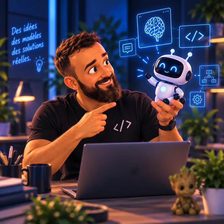Portrait de Traiz, développeur applications et IA, souriant à son bureau avec un robot assistant