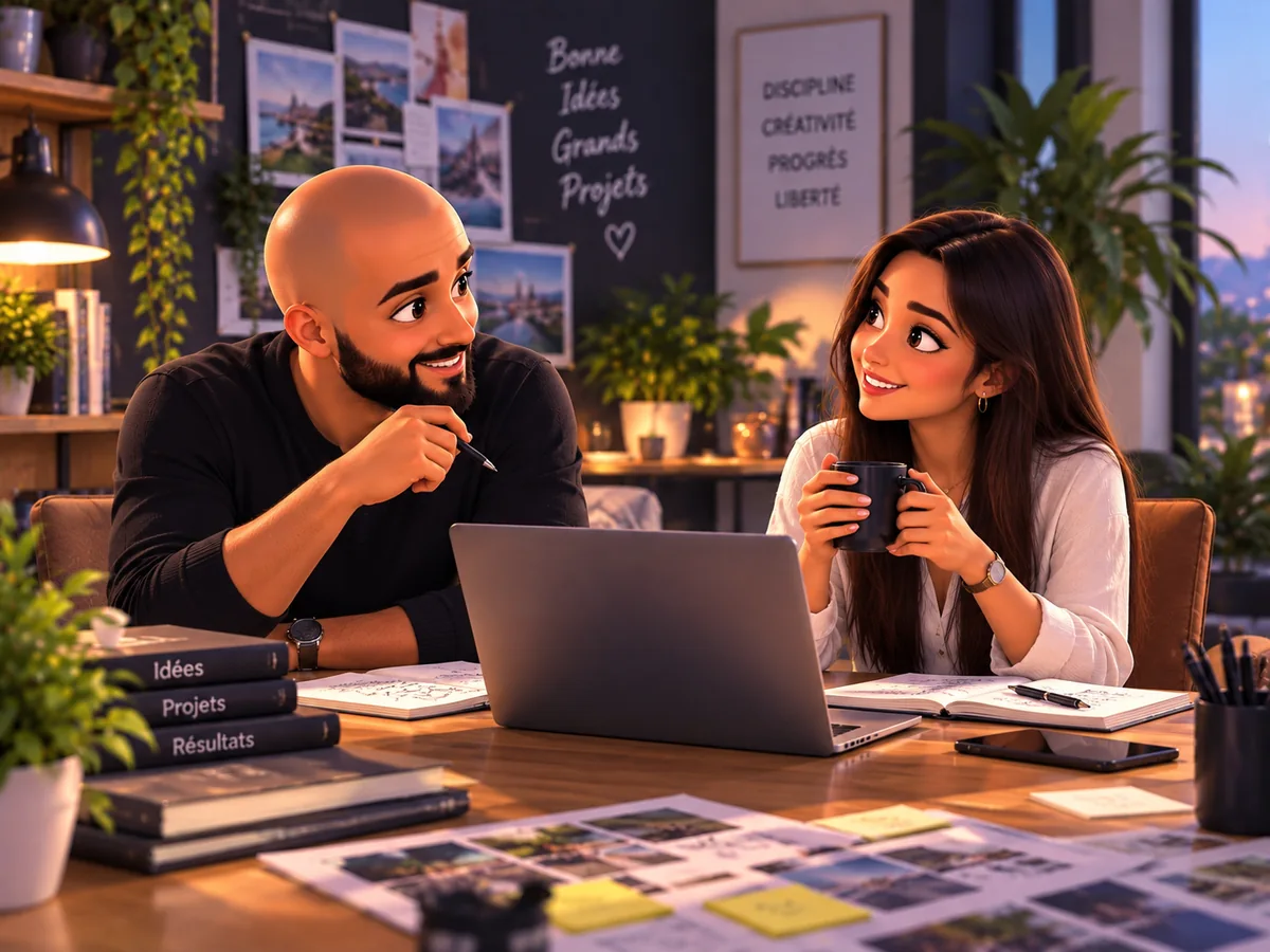 Julien et Abir, fondateurs d’OMNIA, échangeant en souriant autour d’un ordinateur portable dans leur bureau