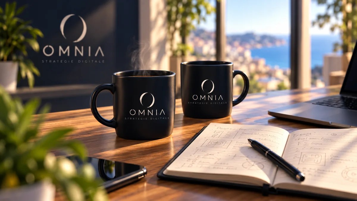 Deux mugs noirs siglés OMNIA Stratégie Digitale sur un bureau en bois, avec vue sur la Côte d’Azur en arrière-plan