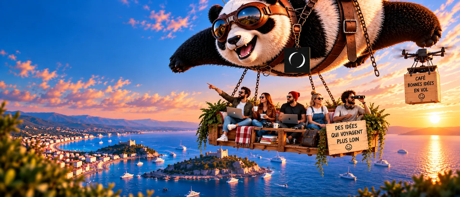 Groupe de personnes flottant au-dessus de la Côte d’Azur porté par un panda volant, illustrant l’esprit détendu et créatif de l’équipe OMNIA