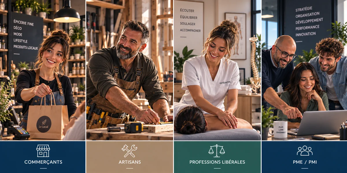 Quatre métiers différents — commerçante en épicerie fine, artisan menuisier, ostéopathe et équipe PME/PMI au travail — chacun avec son univers et ses mots-clés propres