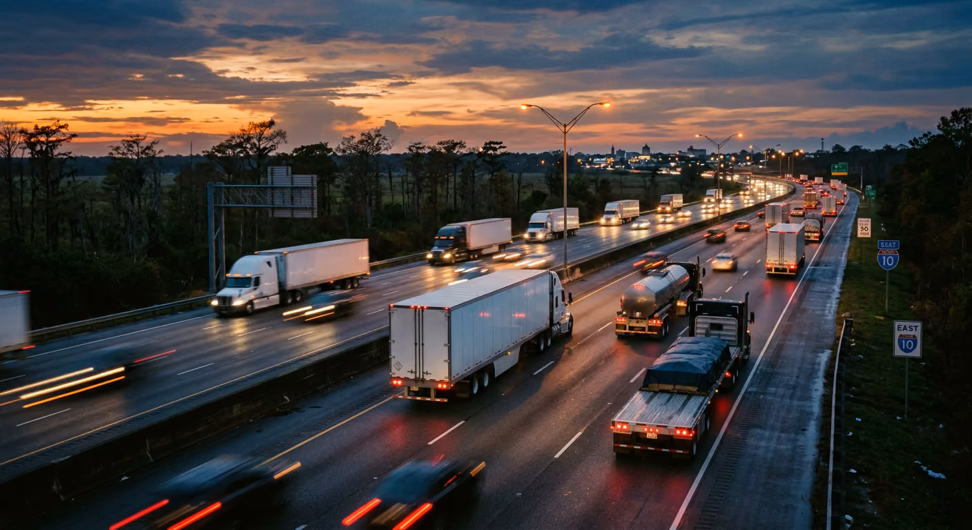 Freight traffic on a Louisiana interstate at dusk