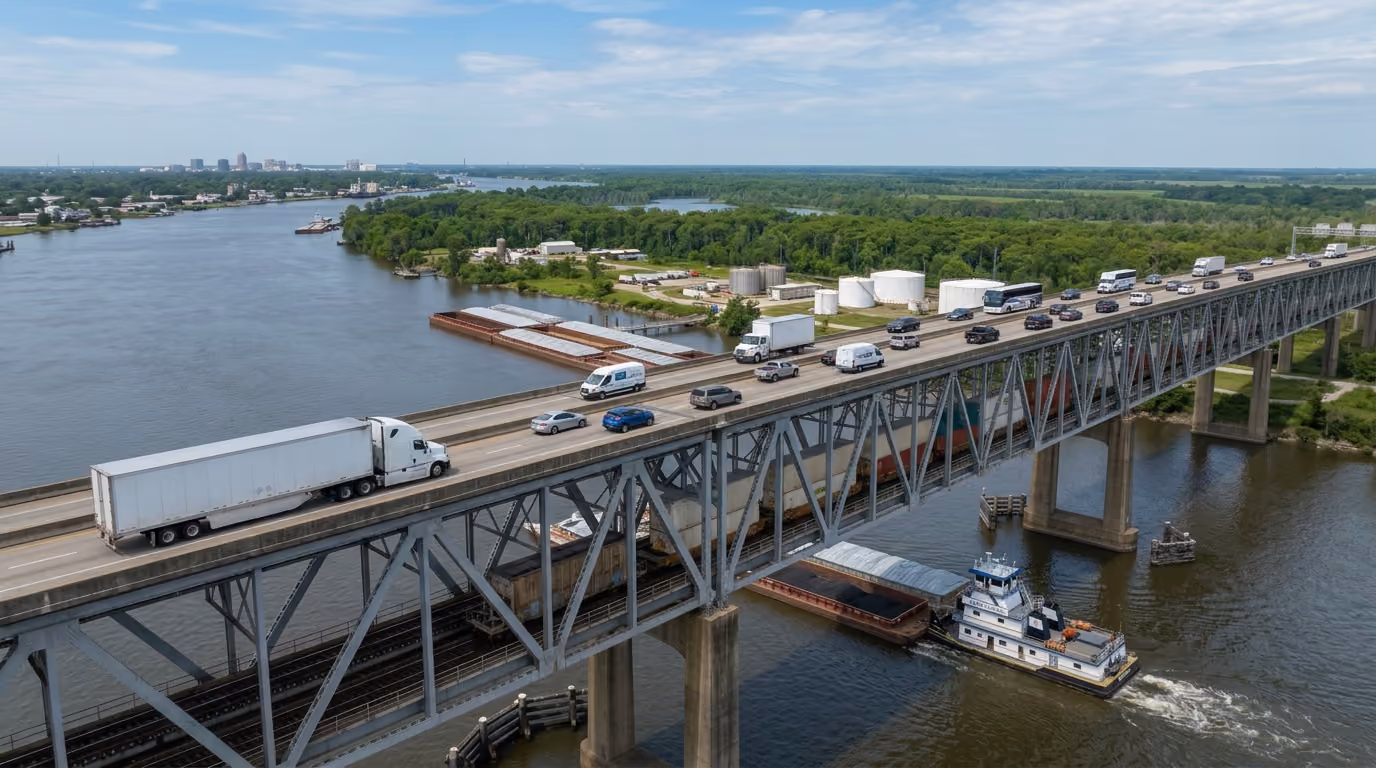 Bridge carrying freight over a Louisiana waterway