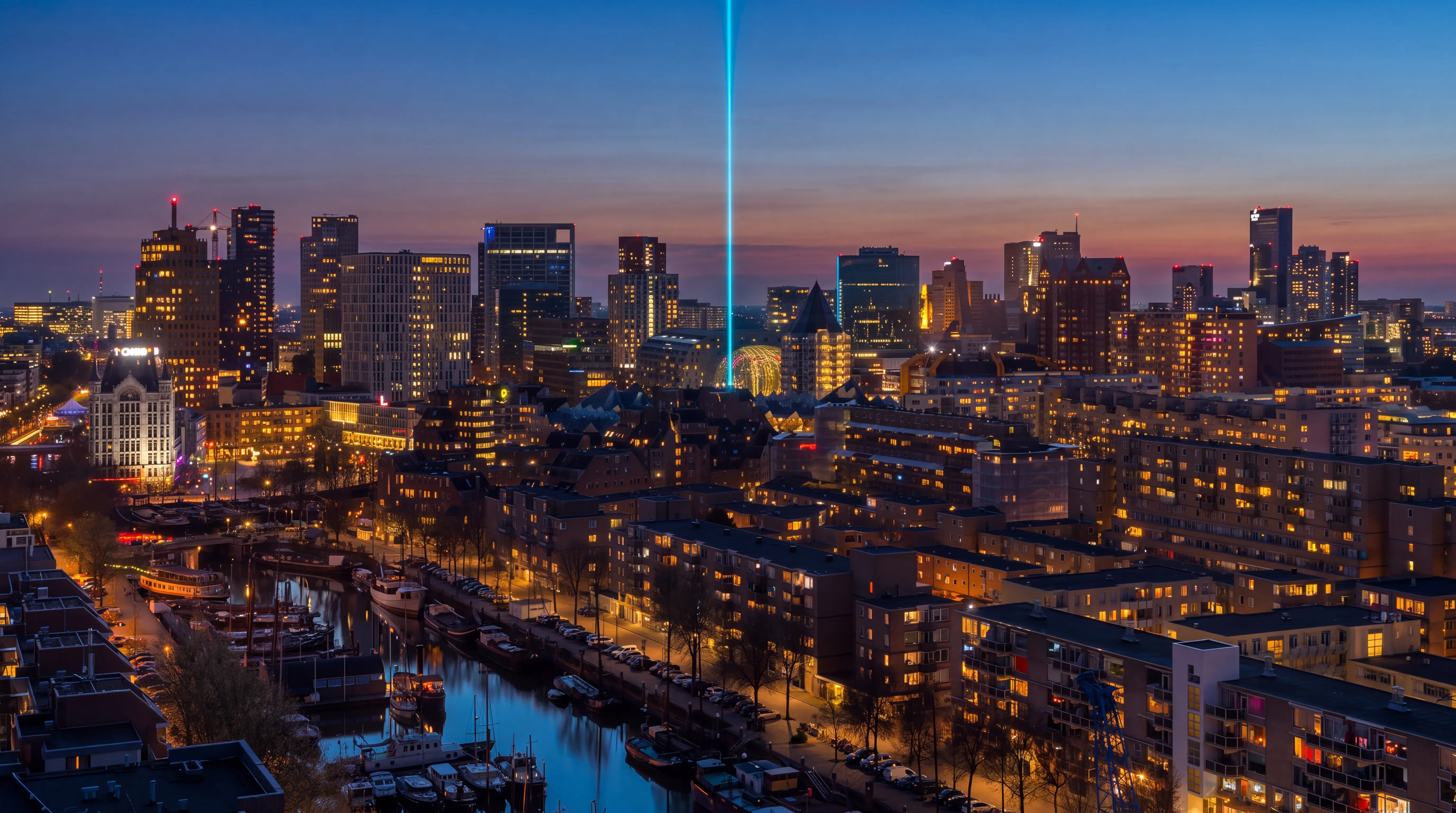 European city skyline illuminated by a vertical landmark laser