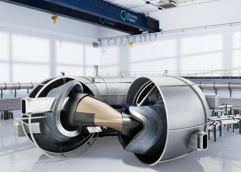 A render of Alpha, a net-energy-gain fusion demonstrator based on stellarator technology. The object is in a large room and has a donut-like metal shell.
