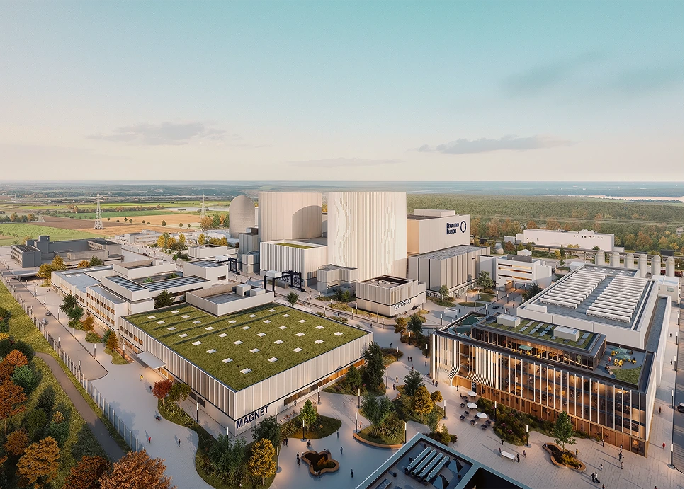 A realistic render of the Stellaris site including several large cream-coloured buildings, surrounded by greenery.
